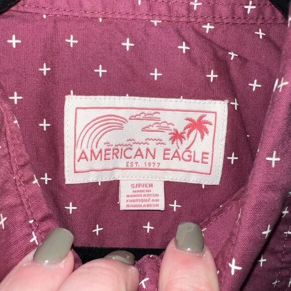 American Eagle Men Micro Dot Button-Up Resort Short Sleeve Shirt Size Small - Picture 3 of 6